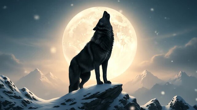 Silhouetted wolf howling at a full moon over snowy mountains.