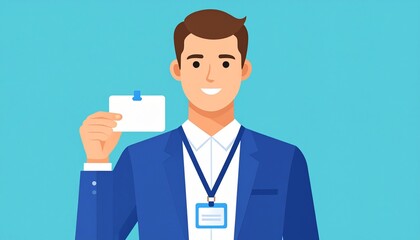 A person holding an id card on a solid light blue background. He is wearing formal attire and has a lanyard around his neck