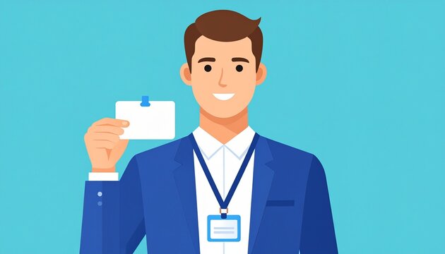 A person holding an id card on a solid light blue background. He is wearing formal attire and has a lanyard around his neck