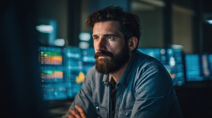 A focused man with a beard sits in front of multiple computer screens displaying data in a modern office environment at night