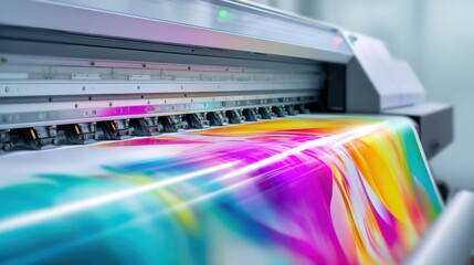 A large format printer produces a vibrant, colorful print with abstract designs in a modern workspace