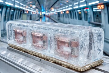 A visually intriguing image featuring frozen electrical components encased in clear ice, displaying a juxtaposition of technology and the elements on a platform.