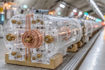 Detailed view of the Large Hadron Collider section featuring clear construction, copper tubing, and intricate hardware, placed within the CERN tunnel.