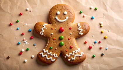 Cheerful gingerbread man cookie with red and green buttons and white icing on parchment, surrounded by colorful candy sprinkles