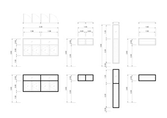 Architectural door and window elevation drawings with detailed dimensions, sections, and frame styles. Includes line weight variations for design presentation.