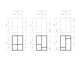 Architectural door and window elevation drawings with detailed dimensions, sections, and frame styles. Includes line weight variations for design presentation.