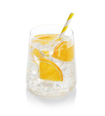 Sparkling water with orange slices in glass isolated on white