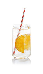 Sparkling water with orange slices in glass isolated on white