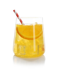 Refreshing soda water with orange slice in glass isolated on white