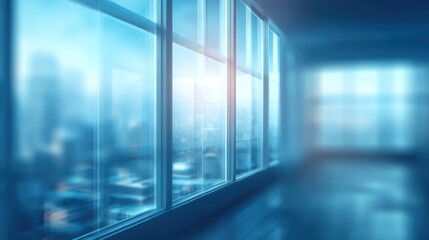Large glass windows in a modern, empty room with a blue city skyline blurred in the background