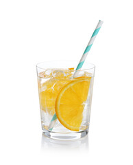 Sparkling water with orange slices in glass isolated on white