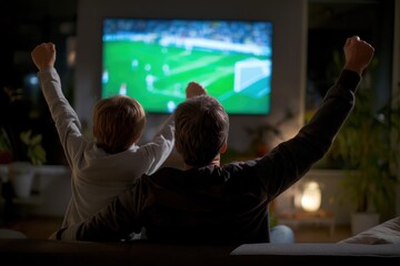 A father and son celebrate while watching a soccer match on TV in a cozy living room at night