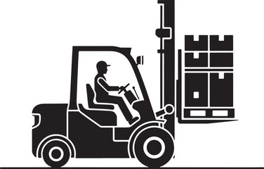 Black and white vector illustration of a forklift carrying boxes. A worker is driving the forklift.