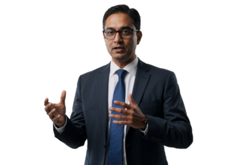 Caucasian male executive in glasses explaining a concept with expressive hand gestures during a corporate presentation on a white background.
