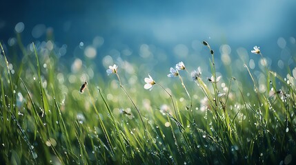 A serene morning scene with dewkissed grass and delicate wildflowers, capturing the essence of spring and the beauty of nature