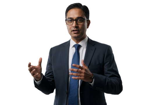 Caucasian male executive in glasses explaining a concept with expressive hand gestures during a corporate presentation on a white background.
