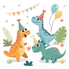 Little dinosaurs with party hats, playful colors, children’s product design.
