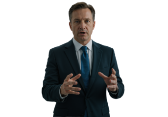 A confident middle-aged businessman in a suit giving a presentation and gesturing while speaking, isolated on a white background.