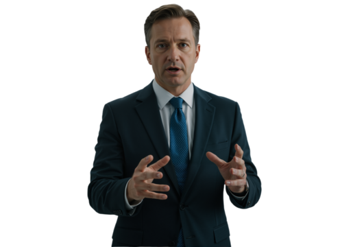 A confident middle-aged businessman in a suit giving a presentation and gesturing while speaking, isolated on a white background.