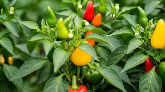 Vibrant Chili Peppers Growing: A Colorful Garden Harvest Close-Up