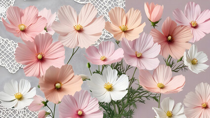 Pastel Pink Peach White Cosmos Flower Collage with Lace Fabric Texture