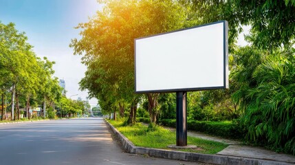 Blank Billboard Advertisement Display Beside Road With Sunlight And Green Trees Outdoor
