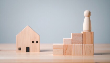 Conceptual image showing a journey toward property ownership with a wooden house and figure. The figure sits atop a staircase, symbolizing advancement.