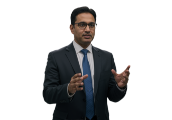 Side profile of a focused businesswoman in a formal suit working diligently on a laptop at a modern desk, isolated on a white background