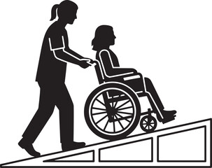 A person in a wheelchair is being assisted up a ramp by a caregiver. Black and white vector illustration.