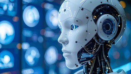 Fototapeta premium A close-up of a futuristic robot with a serene expression, showcasing advanced technology and artificial intelligence