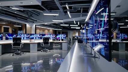 An office with many monitors and computers. A graph of the floor of a trading floor. Empty office chairs with empty finance. A workspace equipped with numerous screens and computers lifestyle. - Powered by Adobe