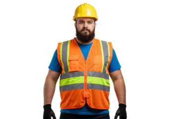 Confident bearded construction worker in a safety vest and hard hat with arms crossed, isolated on a white background.