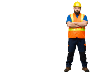 Confident bearded construction worker in a safety vest and hard hat with arms crossed, isolated on white background with copy space.