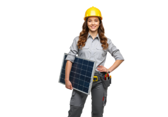 A skilled female technician proudly holds a solar panel, symbolizing the future of clean, renewable energy.
