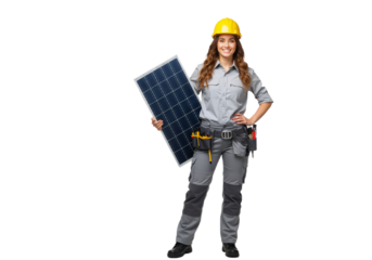 A confident female engineer in a yellow hard hat and work uniform holds a solar panel for a renewable energy project, isolated on a white background.