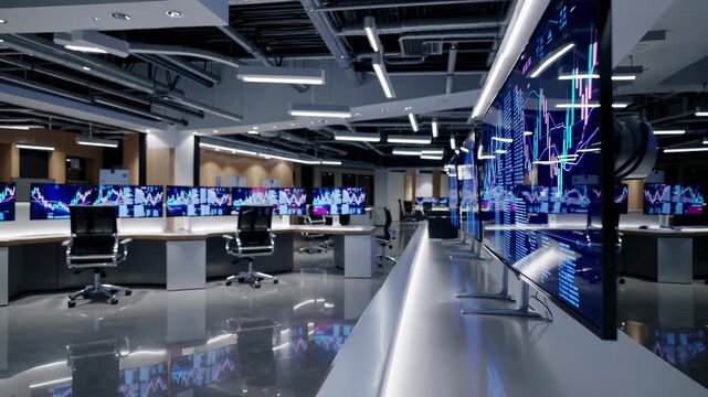 An office with many monitors and computers. A graph of the floor of a trading floor. Empty office chairs with empty finance. A workspace equipped with numerous screens and computers lifestyle.