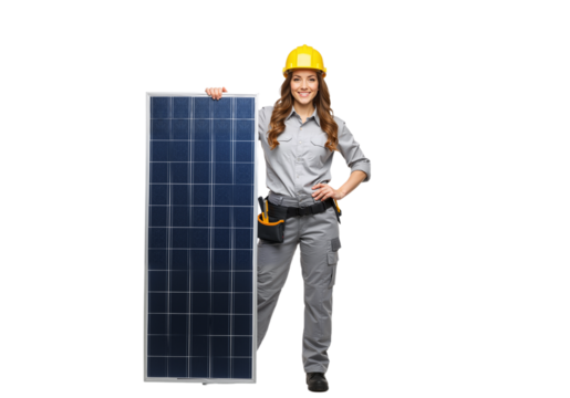 A professional female engineer in a yellow hard hat holding a large solar energy panel, representing green technology and sustainable power.