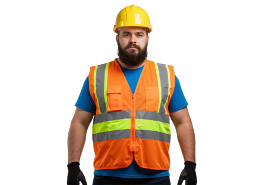 Confident bearded construction worker in a safety vest and hard hat with arms crossed, isolated on a white background.