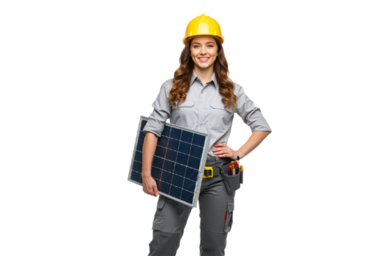 A skilled female technician proudly holds a solar panel, symbolizing the future of clean, renewable energy.