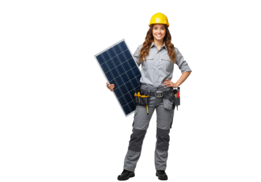 A confident female engineer in a yellow hard hat and work uniform holds a solar panel for a renewable energy project, isolated on a white background.