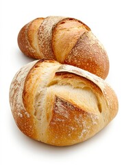 Two freshly baked artisan rolls with golden crusts and a soft, airy interior, perfect for culinary presentations, menus, or baking recipes highlighting rustic bread,