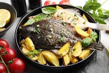 Tasty roasted flounder fish with herbs, potato, lemon slices and tomatoes on light table, closeup. Homemade seafood dish