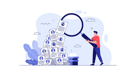 Searching through a large stack of resumes with a magnifying glass to find the best candidate