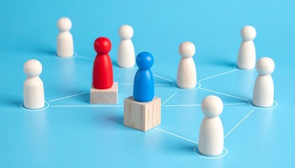 Illustration depicting network of wooden figurines with some highlighted, symbolizing connection and communication. The central figure is in focus.