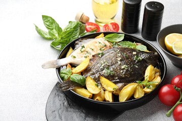 Tasty roasted flounder fish with herbs, potato and tomatoes on light table, closeup. Homemade seafood dish