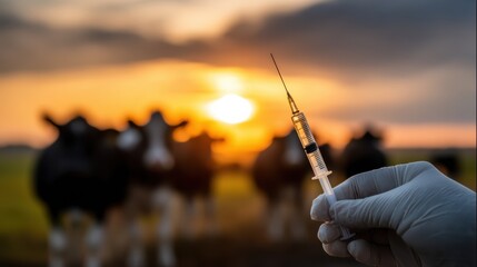 A gloved hand holds a syringe in front of cows at sunset, suggesting animal vaccination or veterinary care on a farm