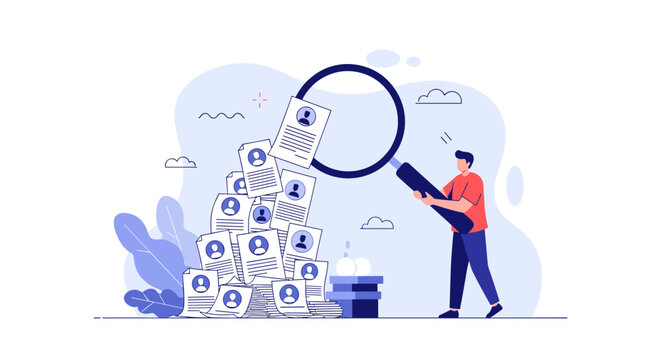 Searching through a large stack of resumes with a magnifying glass to find the best candidate