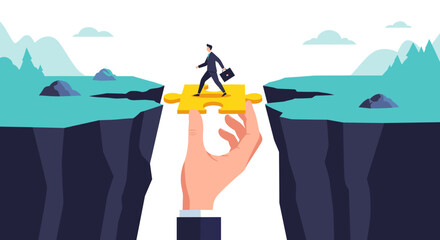 Business strategy bridging gap using puzzle piece for overcoming challenges and achieving goals