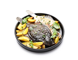 Tasty roasted flounder fish with herbs and potato isolated on white. Homemade seafood dish