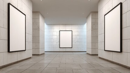 Modern Art Gallery Interior with Blank Frames for Exhibition, White Walls, Minimalist Design